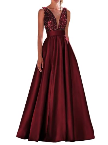 Liopus Satin Prom Dress Long V Neck Sequin Formal Gown Burgundy US10 | Deep V Neck, Sequins Bodice, Waist Belt, Pockets,A Line, Floor Length, For Prom, Wedding, Banquet & Formal Evening Occasions