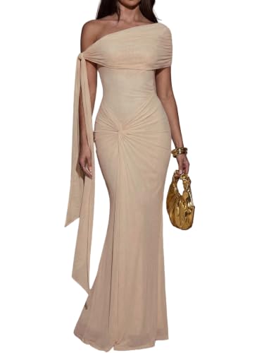 SKAYS Women‘s Formal One Shoulder Maxi Dress Elegant Dresses Beige S