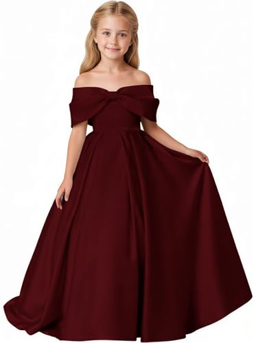 Lanbaodress Off Shoulder Flower Girl Dress 2026 Long Satin Pageant Junior Bridesmaid Dresses for Wedding with Bow Burgundy Size 15T
