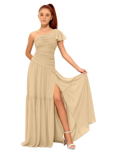 Farichos Chiffon Bridesmaid Dress for Girls Long One Shoulder Girls Formal Dress Ruffle Champagne Flower Girl Dresses 3T