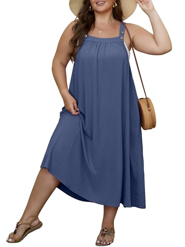 OLRIK Plus Size Sun Dresses for Curvy Women Loose Fit A-Line Flowy Midi Dress with Pockets Vacation Summer Outfits Denim Blue-5X