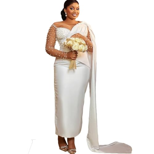 YiMinpwp Satin Wedding Dresses for Women Bride Pearls Courthouse Civil Bridal Dress Customized Ivory
