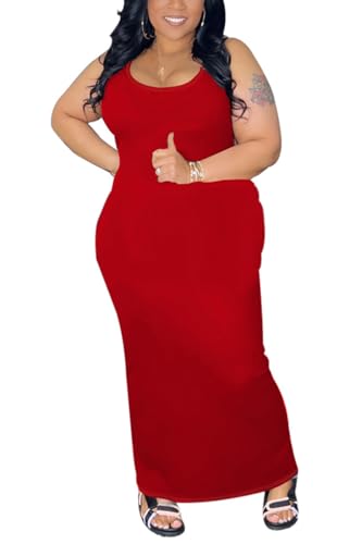 YeGine Women Plus Size Sleeveless Bodycon Maxi Dresses Slim Sexy Tank Dresses Red 4XL