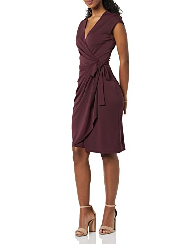 Amazon Essentials Women's Classic Cap Sleeve Wrap Dress with V Neck, Pleated Waist, Burgundy, X-Small