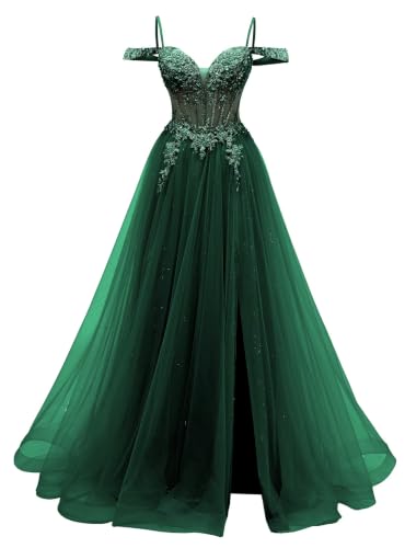 Off Shoulder Prom Dress Beaded Tulle Corset Formal Ball Gown Emerald Green