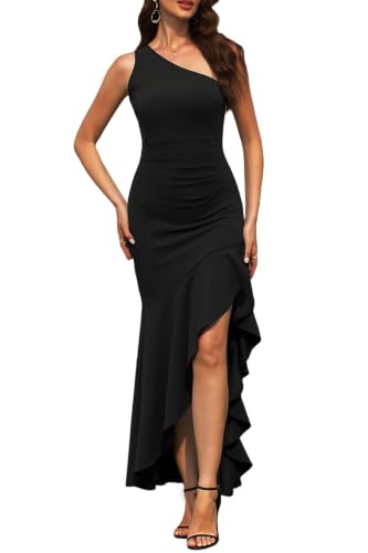 MUSHARE Women's One Shoulder Bodycon Party Cocktail Long Formal Dress Black