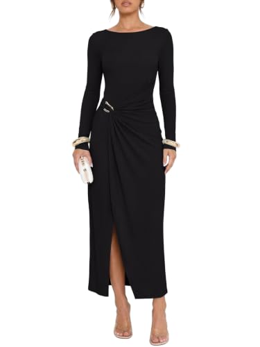 REORIA Womens Fall Long Sleeve Cocktail Party Elegant Maxi Dresses Black | Boat Neck,Long Dress,Bodycon Ruched, Button Trim, Slim Fitted, 2026 Formal, Wedding Guest,Bridesmaid Dinner, Daily Date