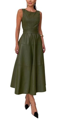 CHARTOU Women PU Faux Leather Sleeveless Elegant Flowy Long Dress Party Night Out Dress with Belt (Large, Green)