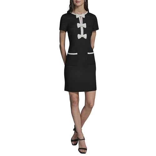 KARL LAGERFELD Paris Women's Short Sleeve Crew Neck Faux Tweed Contrast Framing A Line Dress, Black/Soft White, 14