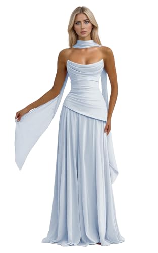 ZIRONOA Sky Blue Satin Strapless A-Line Bridesmaid Dresses with Scarf