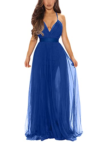 XXTAXN Womens Sexy V Neck Split Cocktail Formal Prom Maxi Dress RoyalBlue | Sleeveless Bridesmaid Wedding Guest Party Adjustable Spaghetti Strap