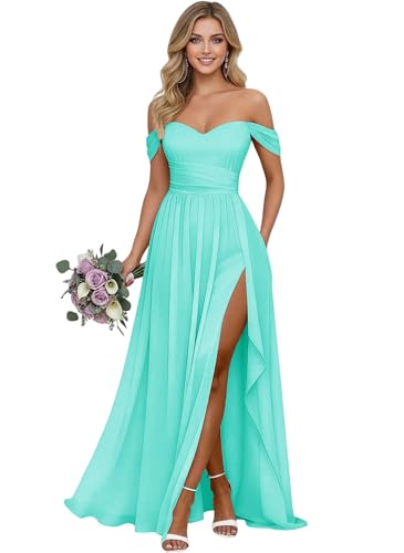 Off Shoulder Chiffon Bridesmaid A Line Slit Wedding Guest Dresses Aqua 10 | Floor-Length Formal Evening Maxi Gown with Pockets, Ruched Prom Party Dress, Sweetheart, Lace Up Back Design