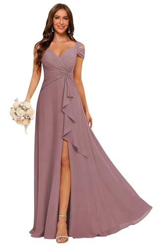 CuteMe Women's Elegant Bridesmaid Dresses with Ruffle Off Shoulder V Neck Chiffon High Slit Mauve Formal Dress for Wedding Guest US8