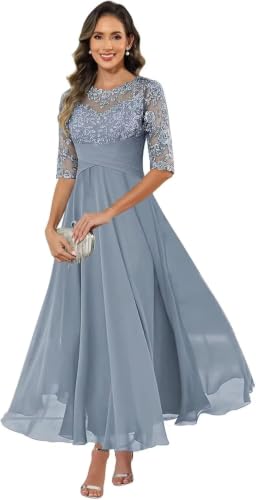 Mother of the Bride Dress 3/4 Sleeve Lace Chiffon Round Neck Applique Lace Back Lace‑Up Floor Length Dress
