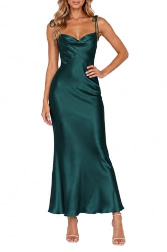 UEZOU 2026 Satin Cowl Neck Spaghetti Strap Maxi Dress for Women Bridesmaid | Silk,Tie Strap,Slip,Slit,Midi,Wedding Guest,Graduation,Elegant,Cocktail,Vacation,Party