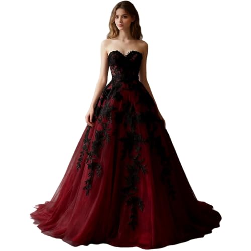 Dydsz Strapless Black Appliques Evening Formal Dress for Women Burgundy 20