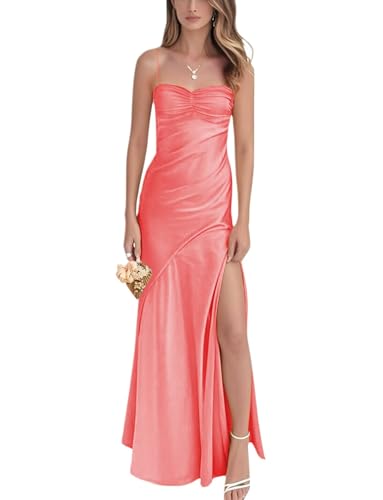 Spaghetti Strap Coral Simple Pleated Satin Prom Dress with Slit Long Formal Gown for Women Corset Sheath Bridesmaid Dresses 2026