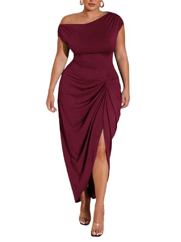 Floerns Women's Plus Size Asymmetrical Neck Ruched Slit Hem Cocktail Dress | Plus Size Cocktail Dress, Wedding Guest Dress, Formal Dress, Elegant Dress, Birthday Dress, Burgundy, XX-Large Plus