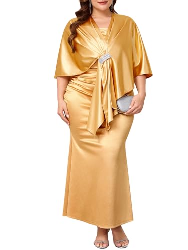 TIARALY Plus Size 2 Piece Dress Cape Satin Formal Gown Evening Prom Party Gala Birthday Cocktail Wedding Guest, Gold, 2X