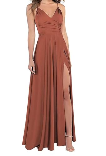 2025 New Women's Satin Bridesmaid Dresses for Wedding Dress Formal Long A Line Prom Party Gowns with Pockets Dresses (Terracotta,One Size)