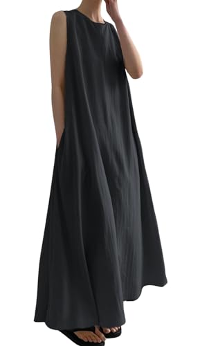 CHARTOU Women Casual Cotton Linen Sleeveless Maxi Dress Ruffle Shift Dress Flowy Beach Summer Long Tank Dress (Large, Black)