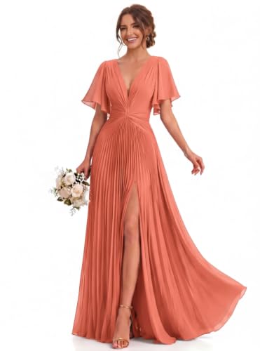 BABYONLINE D.R.E.S.S. Womens Bridesmaid Dresses Deep V Neck Pleated Flutter Ruffle Sleeves Chiffon Slit Formal Dress Coral 14