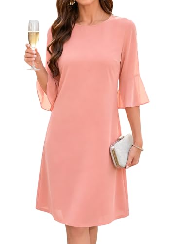 oten Chiffon Sleeve Formal Gown Cocktail Wedding Guest Party Dresses Pink M | Half Chiffon Bell Sleeve, A Line Dress, Tummy Hidding, Crew Neck, Knee Length, Modest Style,Cocktail Wedding Guest Outfits