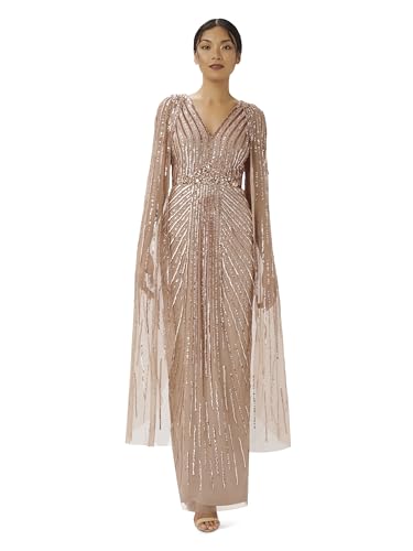 Adrianna Papell Women's Beaded Cape Long Dress, Rose Gold, 16 | Floor Length Embellished Gown with Fitted Bodice & Long Dramatic Cape