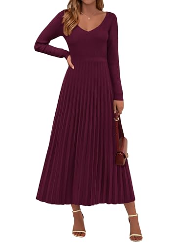 PRETTYGARDEN Sweater Dress Women Long Sleeve Maxi Flowy Pleated Dresses | Cozy Ribbed Knit, Swing A Line, Elegant Fall Outfits for Wedding Guest, Holiday Party, Date Night, Winter Office Work Clothes