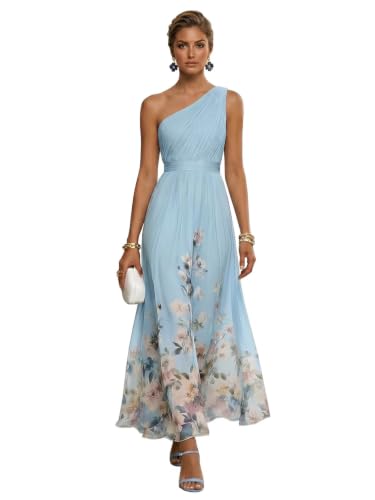 RYANTH Light Blue Printed Flower Chiffon Bridesmaid Dresses for Women One Shoulder A Line Wedding Guest Dress Long Pleated Evening Party Gown Size 10