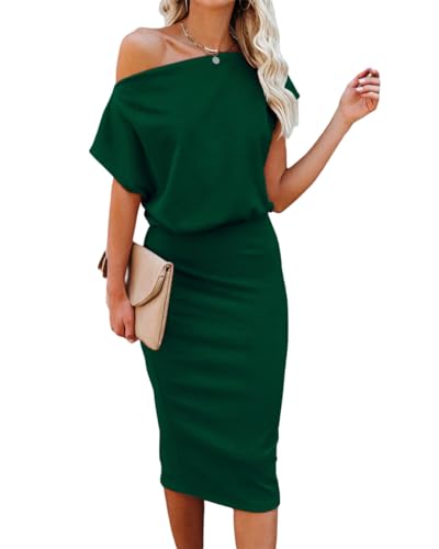 EZBELLE Womens Off The Shoulder Dress Country Rib Summer Casual Bodycon | Dress Blackish Green Wedding Guest Dress Pencil Fall Christmas Country Concert Outfits Knee Length Church Workout