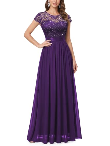 Miusol Women's Classy Scoop Neck Sequin Lace Contrast Bridesmaid Party Maxi Dress (Large, Purple)