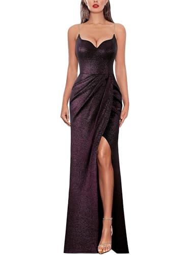 VFSHOW Womens 2025 Formal Prom High Slit Ruched Maxi Dress Sexy Spaghetti Strap Sweetheart Neck Cocktail Wedding Guest Sparkly Fitted Bodycon Evening Long Gown (Black, Small) 12012 BLK S