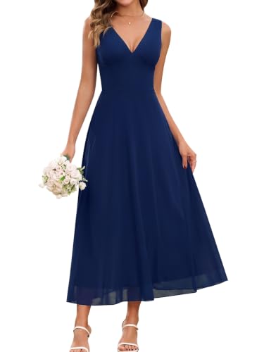 EYNMIN Women's Flowy V Neck Maxi Long Formal Wedding Guest Cocktail Dresses | A-Line, Mesh, Bridal Shower, Semi Formal, Prom, Evening, Party, Engagement, Bridesmaid, Elegant Modest Dress, 2026 Fall