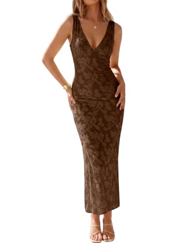 Muchpow Women's Sexy V Neck Bodycon Maxi Cocktail Dress (Coffee,Medium)
