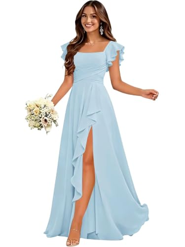 Qgeno Bridesmaid Dresses with Sleeves Sky Blue Chiffon with Slit 0