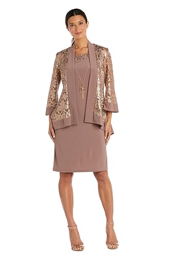 R&M Richards Women's Elegant Sequin Mesh Jacket & Knee Length Sheath Dress Set | 2-Piece Formal Occasion Ensemble