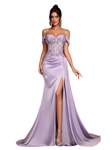 PHIRIZLE Women's Off The Shoulder Mermaid Prom Dresses Lace Appliques Beaded Corset Slit Formal Evening Gown with Sweep Train Lilac