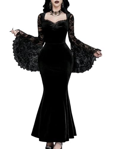 InGoticos Women Gothic Sexy Lace Patchwork Sleeve Fishtail Velvet Goth Dress Without Choker & Umbrella Black