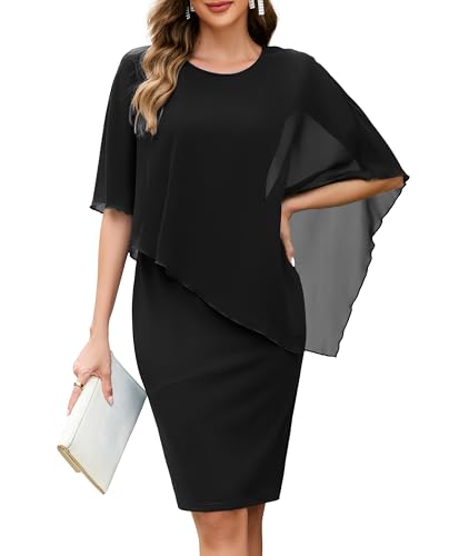 oten Party Dresses for Women 2026 Summer Cape Overlay Bodycon Knee Length Wedding Guest Cocktail Formal Pencil Dress Black Medium