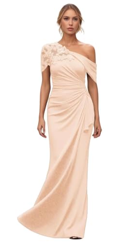 Mermaid Chiffon Mother of The Groom Dresses Lace Appliques Size 6 Peach | One Shoulder Evening Dress for Women 2026,Ruffle Pleated Prom Dress,Simple Formal Guest Dress
