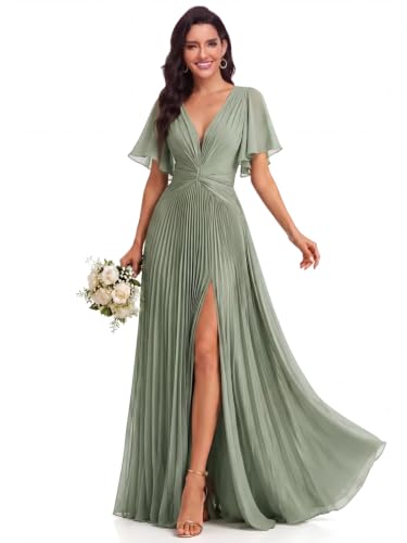 BABYONLINE D.R.E.S.S. Womens Bridesmaid Dresses Deep V Neck Pleated Flutter Ruffle Sleeves Chiffon Slit Formal Dress Sage Green 12