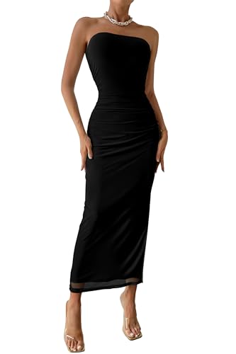 PRETTYGARDEN Women's Strapless Bodycon Maxi Tube Dress, Solid Black,S | Stretchy Lined Mesh, Long Tube Dresses, Ruched Slit, Spring Summer Y2K Outfits for Wedding, Date Night Party, Beach Vacation