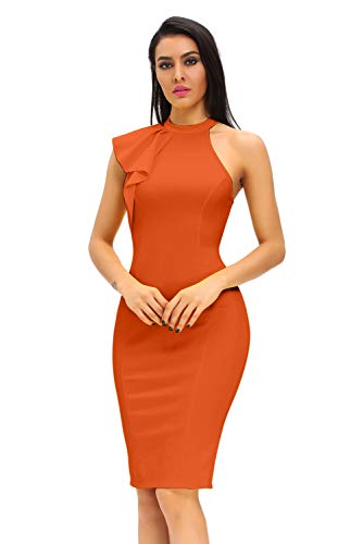 Women's Fashion Ruffle One Shoulder Sleeveless Midi Bodycon Cocktail Party Dress X-Small Orange