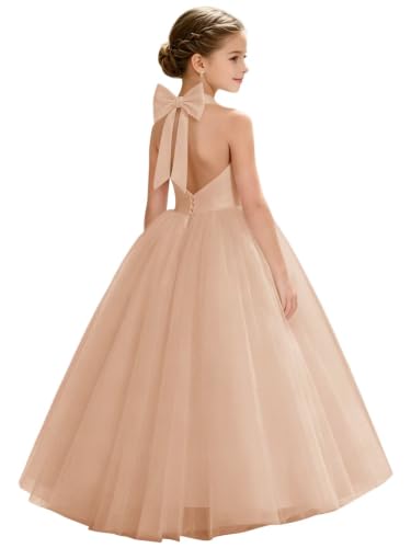 Heineyo Sleeveless Bowknot Flower Girl Dress Rose Gold Puffy Tulle A-Line Long Wedding Guests Prom Ball Gown Halter Satin Junior Bridesmaid Dresses US12