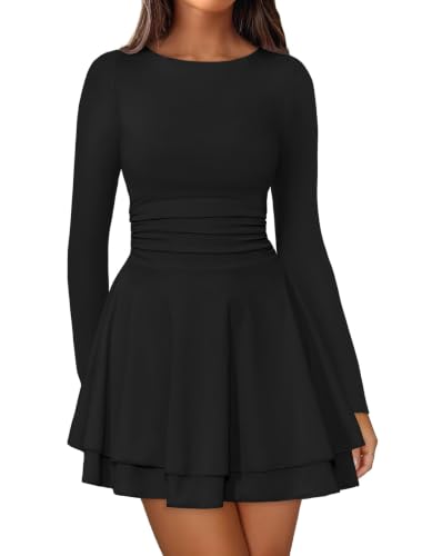 IWD Crew Neck Mini Dresses for Women Ruched Waist Winter Long Sleeve Cocktail Dress Flowy A Line Short Homecoming Dresses Black Large