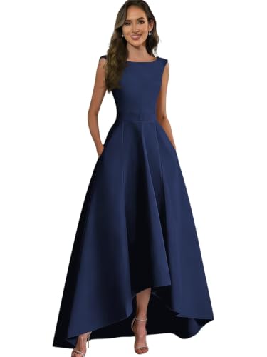 Bruqn A-Line Mother of the Groom Dresses Petite Navy Blue High Low Sleeveless Wedding Guest Dresses for Women US6