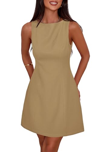 PRETTYGARDEN Women's Formal Short Dresses A Line Mini Dress,Khaki,XS | Sleeveless, Boat Neck, Elegant Classy, Wedding Guest Dresses, Holiday Party, Graduation Cocktail, Business Casual Work Wear