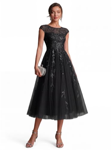Ever-Pretty Women's Sequin Tulle Midi Formal Dresses Wedding Guest Dress | Round Neck, Cap Sleeve, A-Line, Embroidery, Cocktail Dress, Mother of the Bride Dresses, Black US4