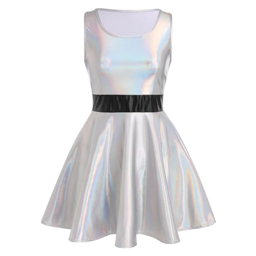 Women Alien Shiny Metallic Skater Dress Sleeveless Disco Dance 80s Holographic Dress Adult Sparkly Hallowen Cosplay Outfits Rave Music Party Wet Look Plus Size Pleated Dress Silver XS